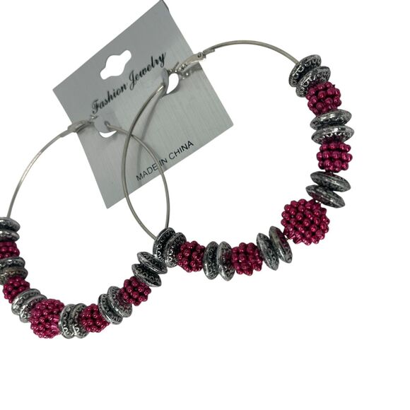 Silver Tone Bead Hoop Earrings Disc Style Boho Fashion Trendy Statement NWT - Picture 7 of 9